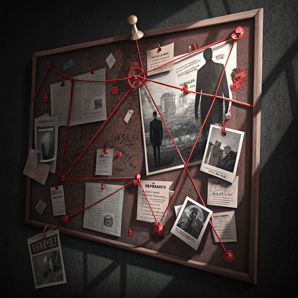 Cork board with pinned briefs and case files